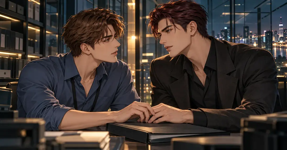 ภาพวาดสไตล์มังฮวาของชายหนุ่มสองคนสบตาและสัมผัสมือกันเหนือแฟ้มเอกสารในห้องเก็บข้อมูลยามค่ำคืน สื่อถึงความรักและปริศนาในโลกสายลับ